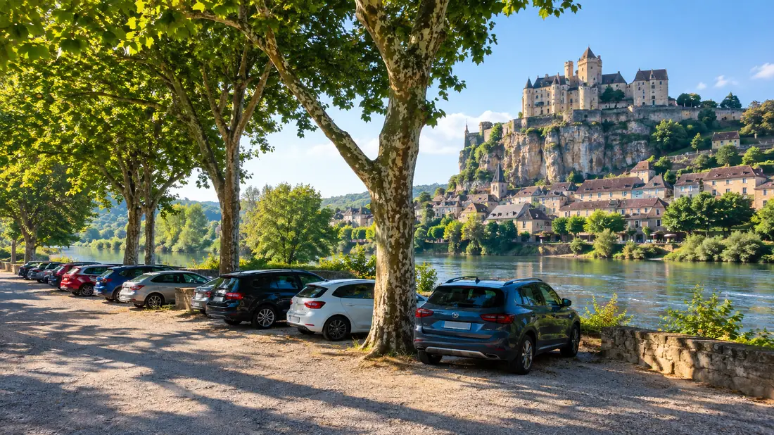 I parcheggi lungo il fiume a Beynac-et-Cazenac ai piedi della scogliera del castello