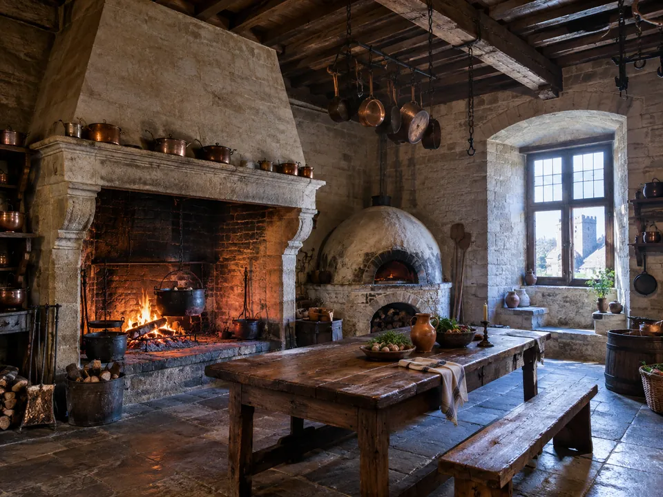 La cucina del XIII secolo a Beynac con il suo forno per il pane e il grande camino